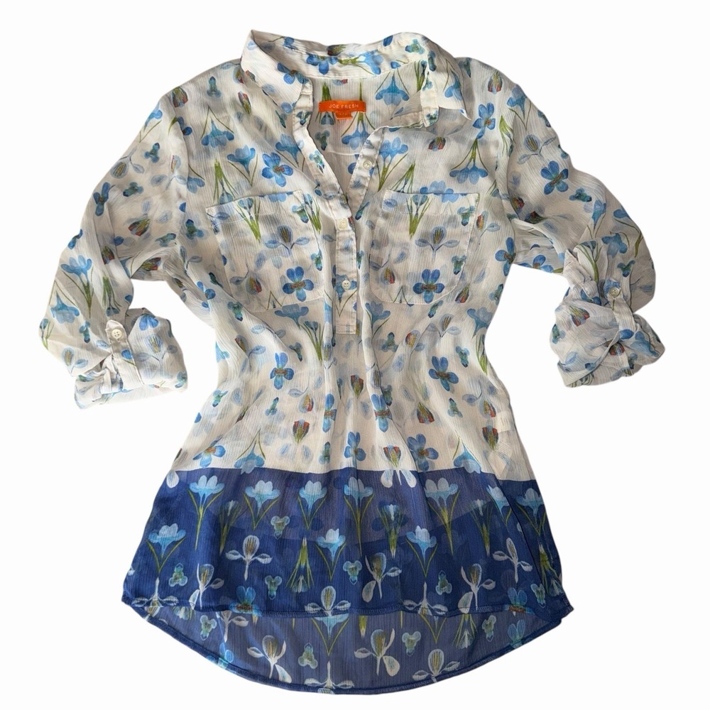 Joe Fresh Floral Blouse Shirt Top Sz Small Blue Sheer‎ Roll Tab Sleeve Romance